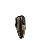 Lieblingstasche wallet in metallic olive and grey tones, side view showing zipper closure and leather texture