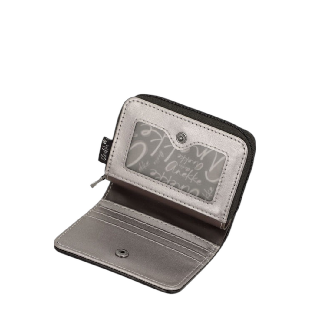 Lieblingstasche metallic silver wallet with an open interior featuring card slots and a clear ID window