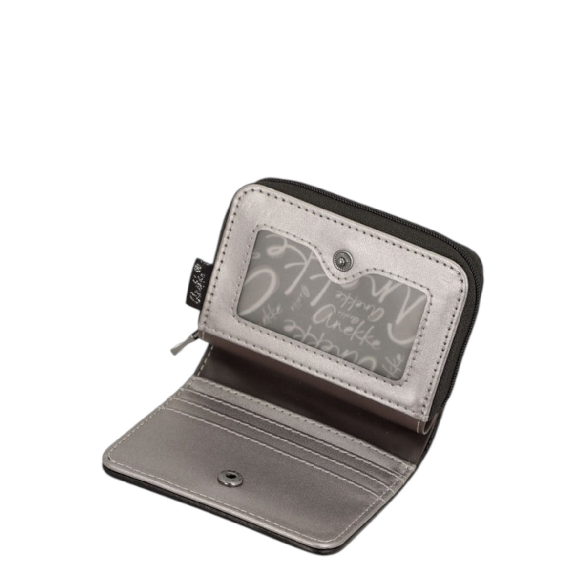 Lieblingstasche metallic silver wallet with an open interior featuring card slots and a clear ID window