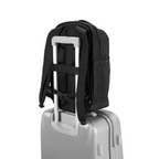 Lieblingstasche Midi20 black city backpack attached to a silver suitcase handle showing the padded back panel