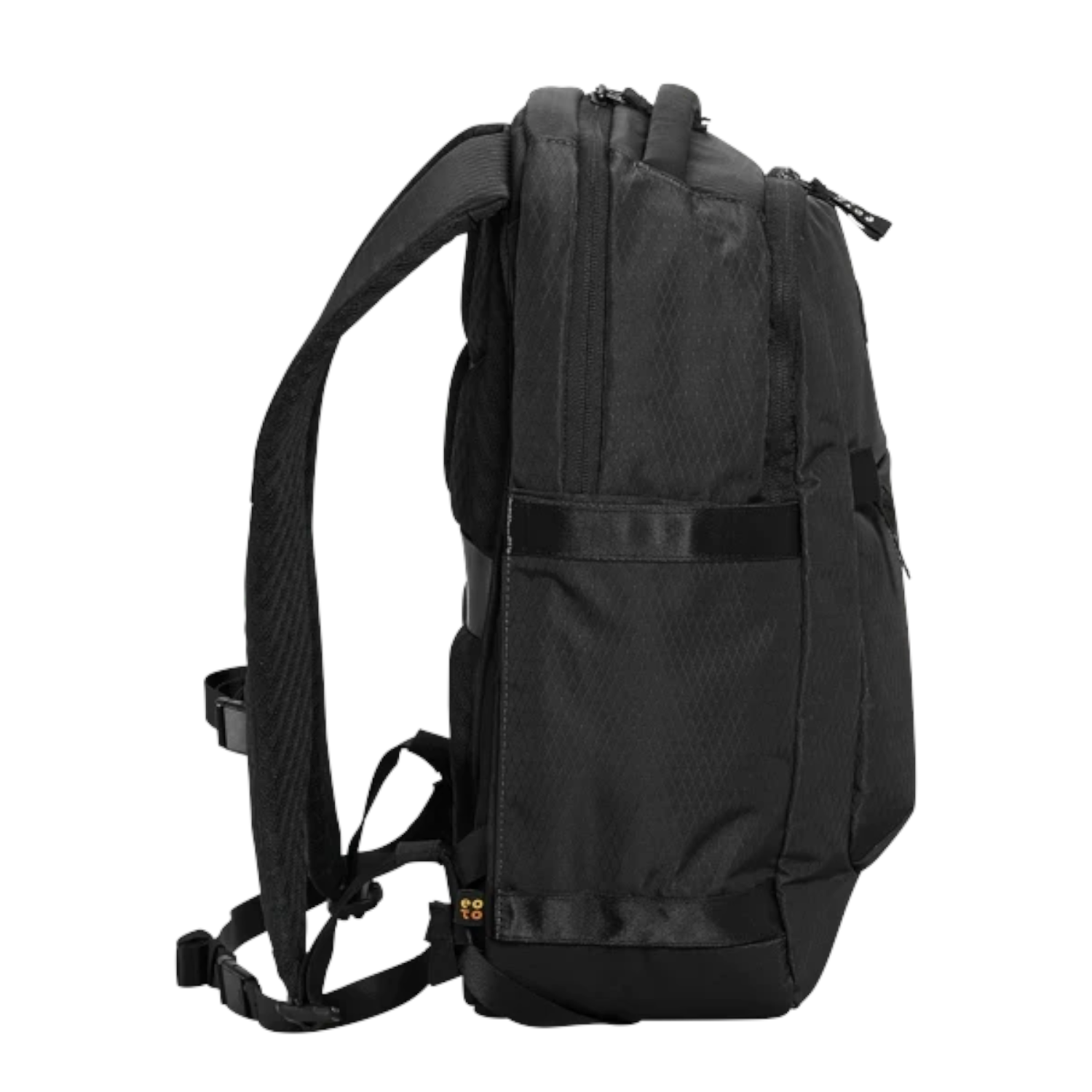 Lieblingstasche eoto Midi20 black city backpack with side view, featuring padded straps and durable recycled material.