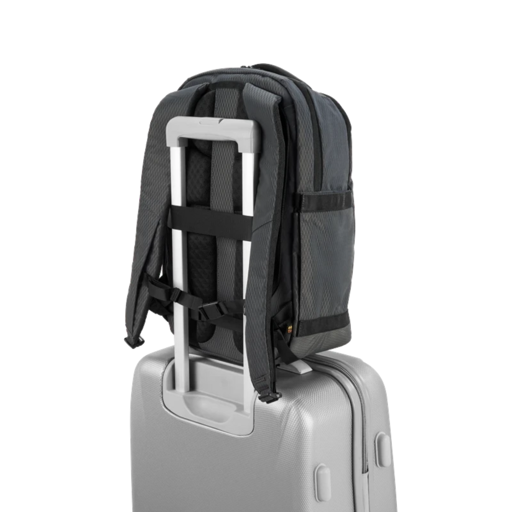 Lieblingstasche Midi20 grey backpack with luggage trolley strap attached to a silver suitcase for travel