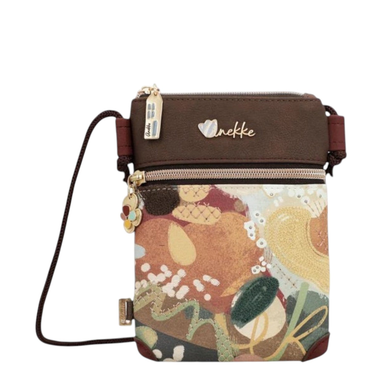 Lieblingstasche mini cross-body bag featuring a brown top panel and a colourful abstract patterned front pocket.