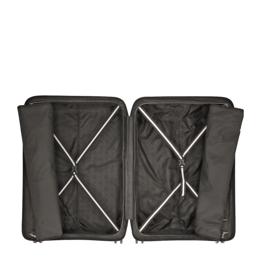 Lieblingstasche Mogens 4W Trolley L open, showing spacious black interior with cross straps and zippered compartments.