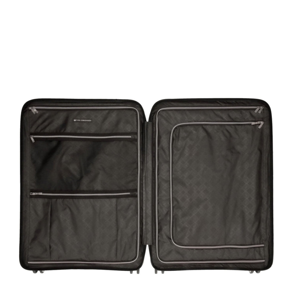 Lieblingstasche Mogens 4W Trolley L open, showing black interior with zippered compartments and straps.