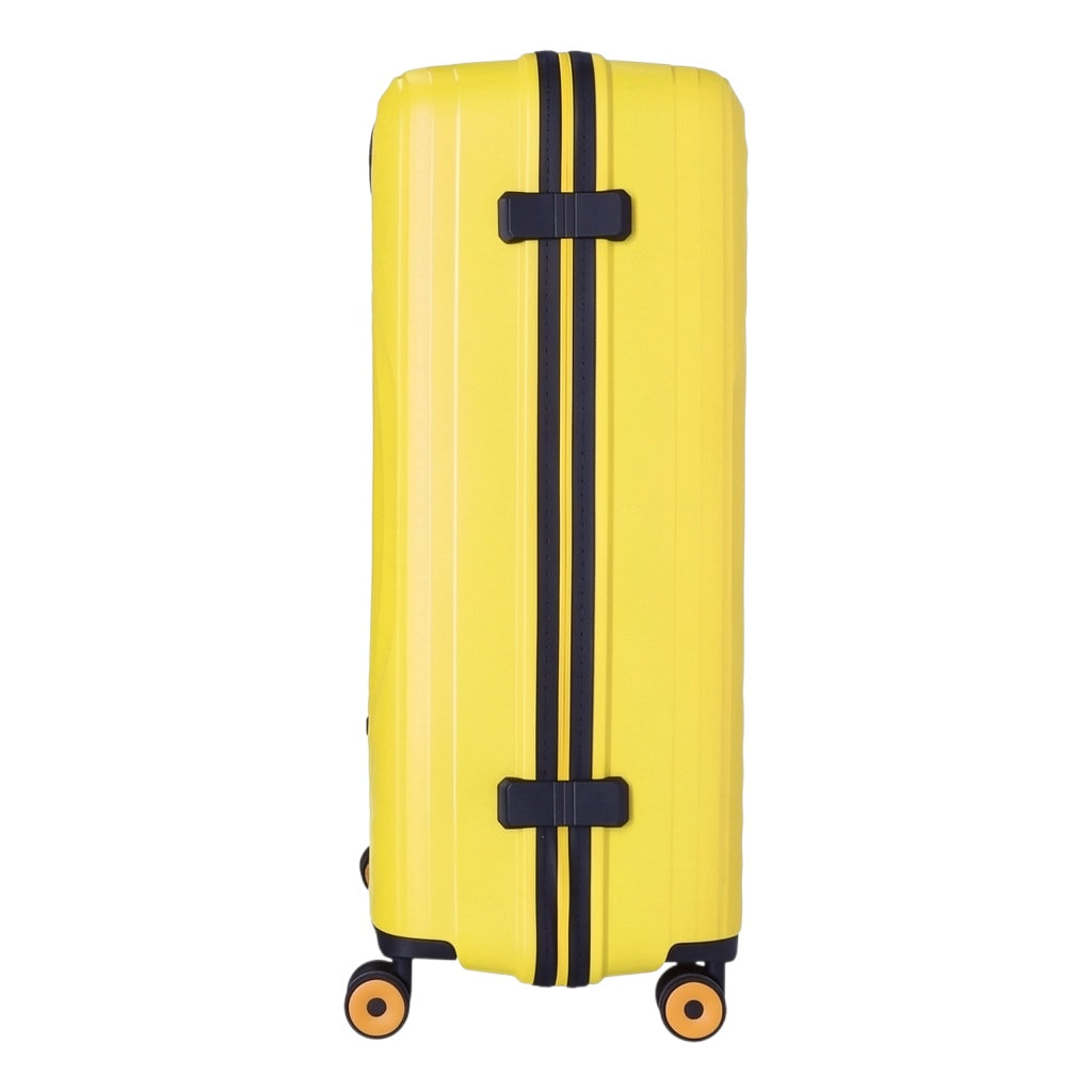 Lieblingstasche Mogens 4W Trolley L, yellow hard-shell suitcase with black accents and TSA lock, perfect for travel.
