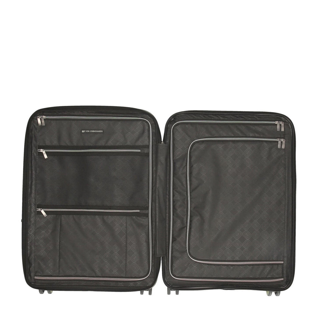 Lieblingstasche Mogens 4W Trolley M open, showing black interior with zippered compartments and straps.