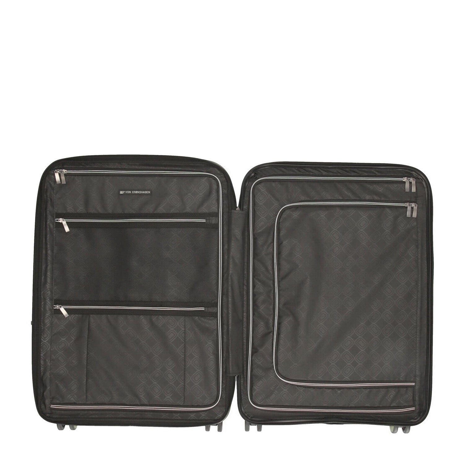 Lieblingstasche Mogens 4W Trolley M open, showing black interior with zippered compartments and straps.
