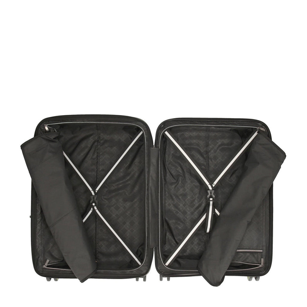 Lieblingstasche Mogens 4W Trolley M open, showing black interior with patterned lining, cross straps, and zippered compartments.