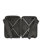 Lieblingstasche Mogens 4W Trolley M open, showing black interior with patterned lining, cross straps, and zippered compartments.