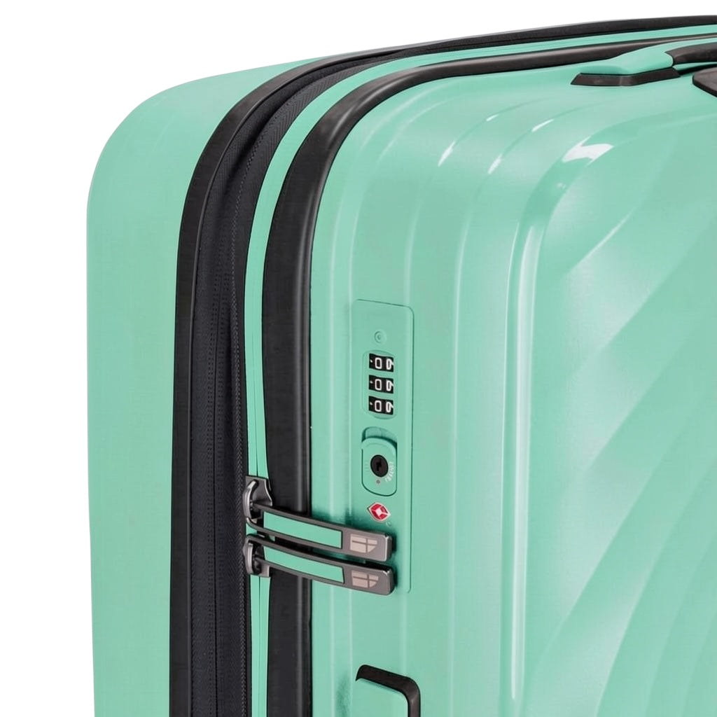 Lieblingstasche Mogens 4W Trolley M, olive green hard-shell suitcase with TSA combination lock and black zipper detail.