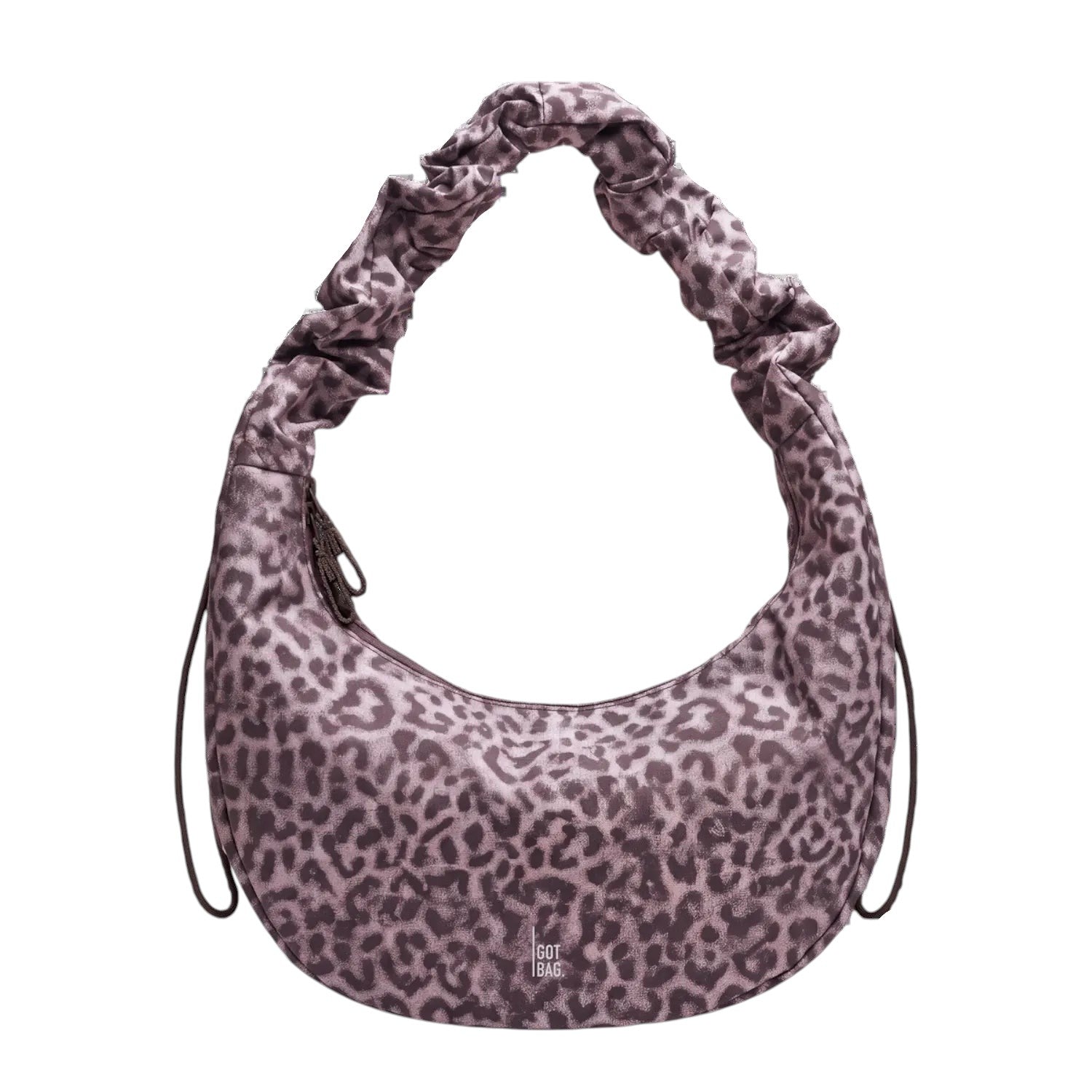 Lieblingstasche Moon Bag Ruffle in large size with a grey and purple leopard print pattern and gathered shoulder strap