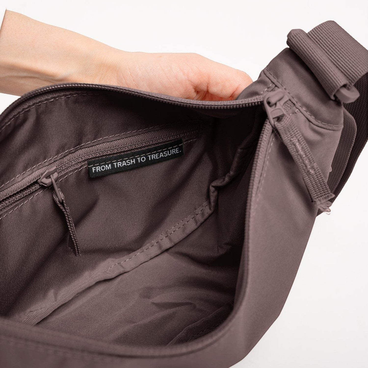 Lieblingstasche Moon Bag Small in taupe with interior zipper pocket and From Trash to Treasure label