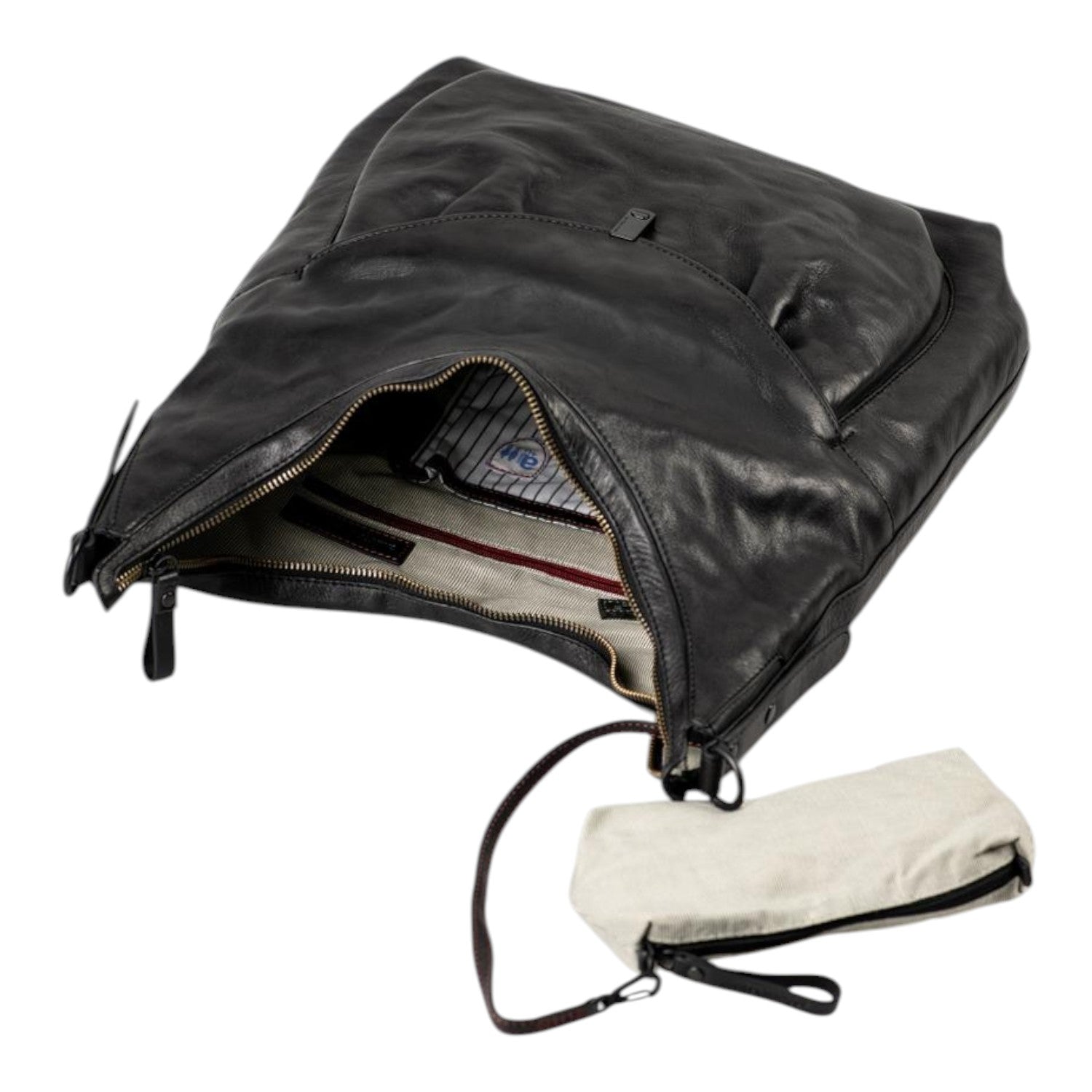 Lieblingstasche Mrs. Banoffee Pie black leather hobo bag with an open top and a detachable small beige pouch