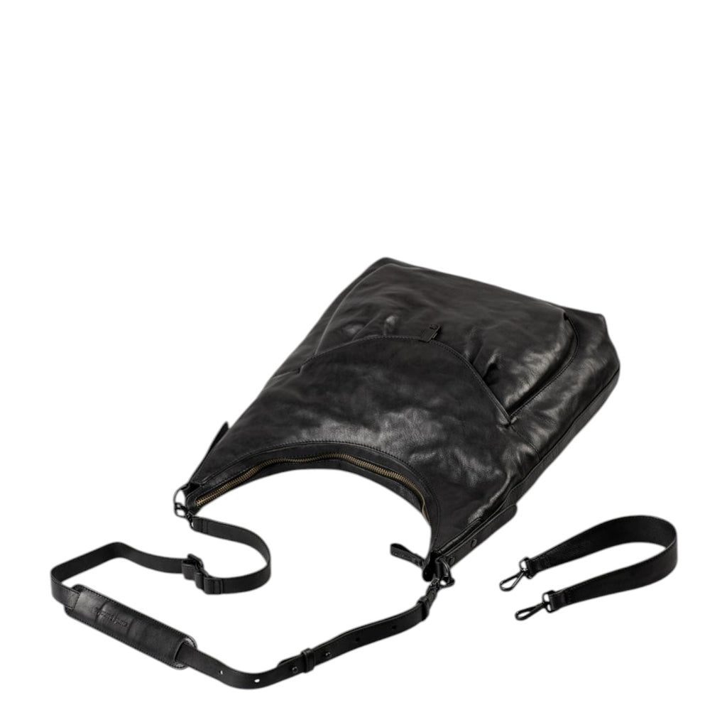 Lieblingstasche Mrs. Banoffee Pie black leather hobo bag with adjustable shoulder strap and front pocket