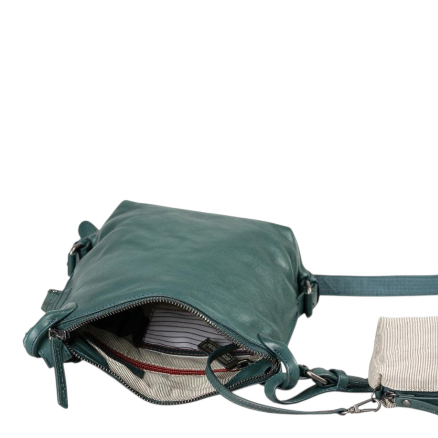 Lieblingstasche Mrs. Chocolate Cookie dark green leather crossbody bag with open zipper and striped interior lining