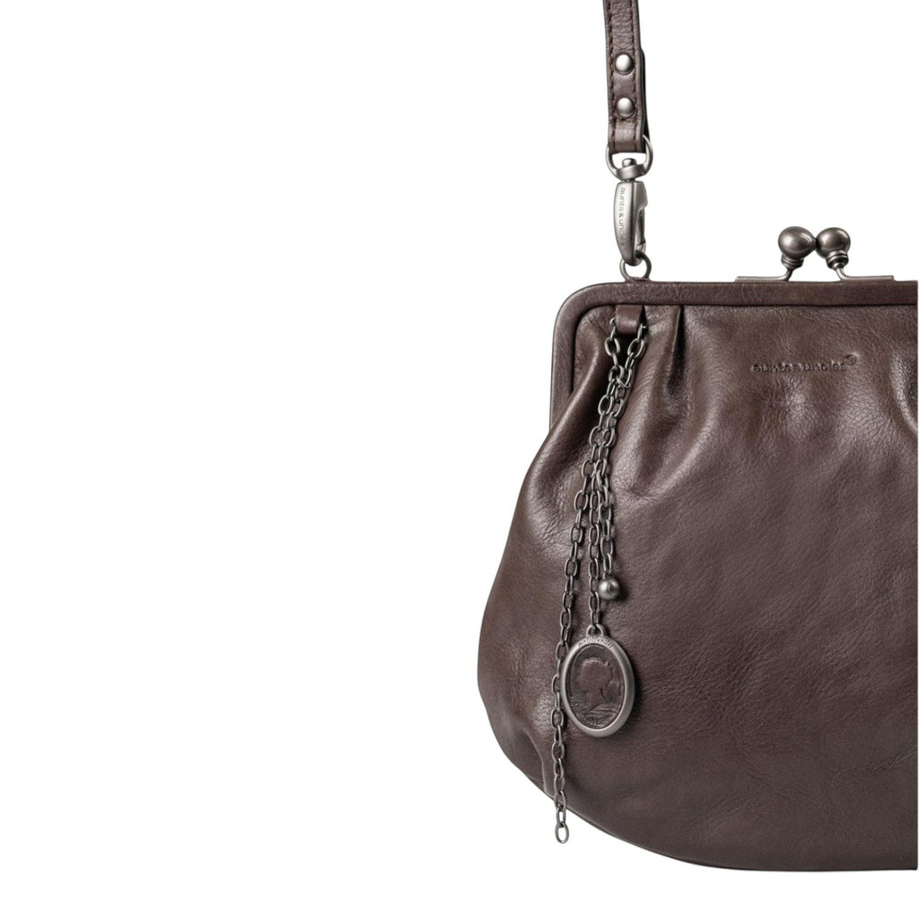 Lieblingstasche Mrs. Fortune Cookie dark brown leather handbag with a vintage metal clasp and decorative charm