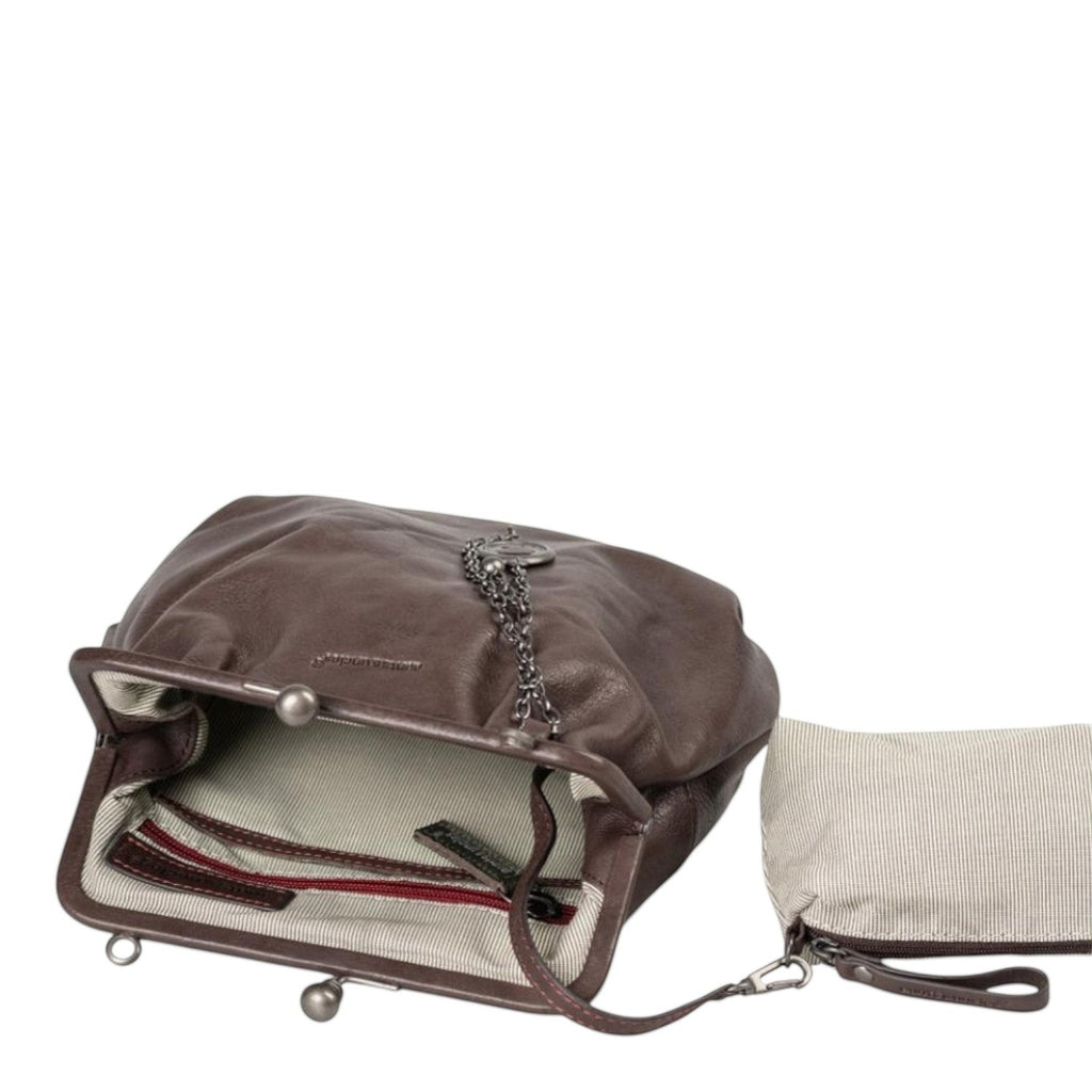 Lieblingstasche Mrs. Fortune Cookie dark brown leather handbag with a kiss-lock closure and detachable inner pouch.