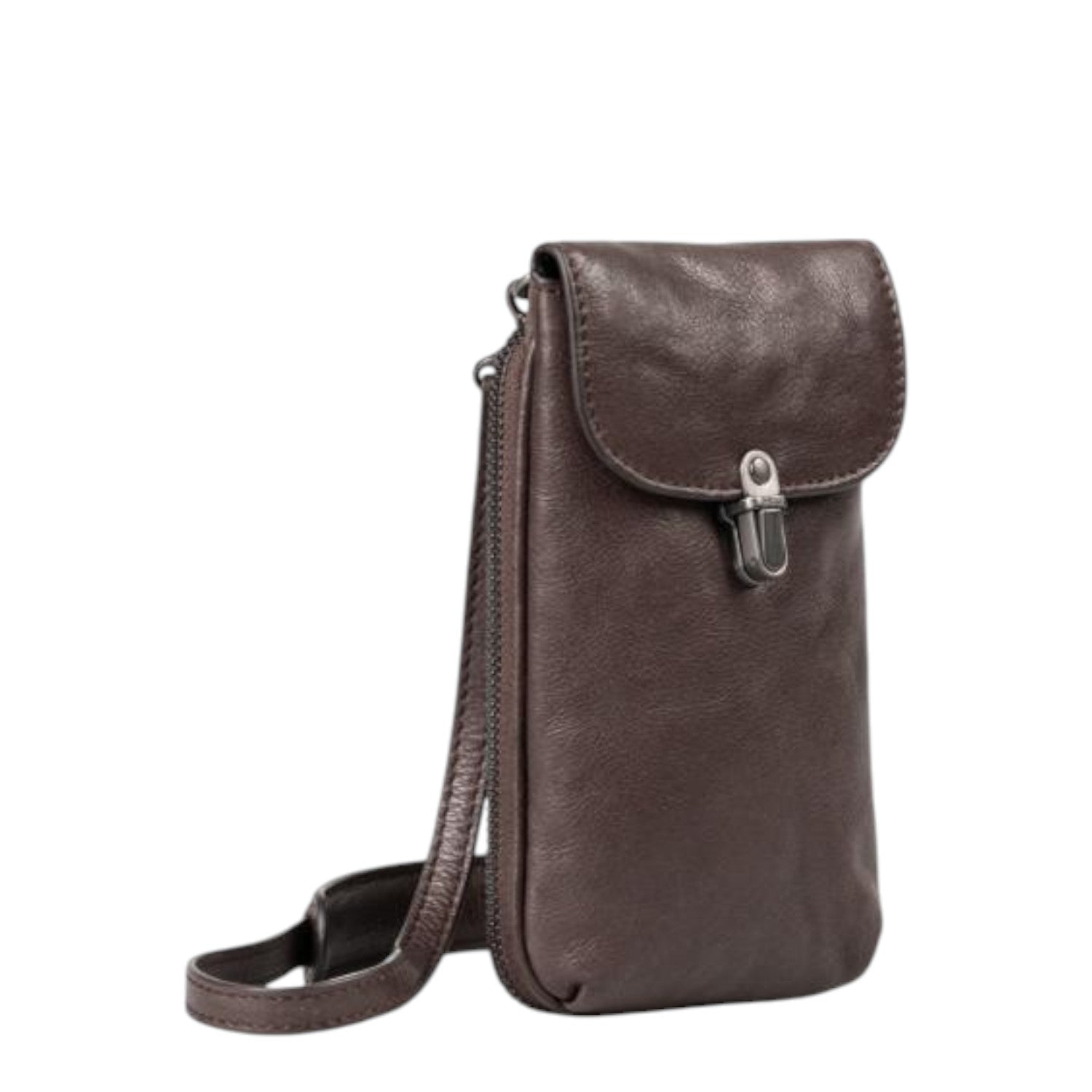 Lieblingstasche Mrs. Lemon Twist dark brown leather phone bag with a flap closure and slim shoulder strap