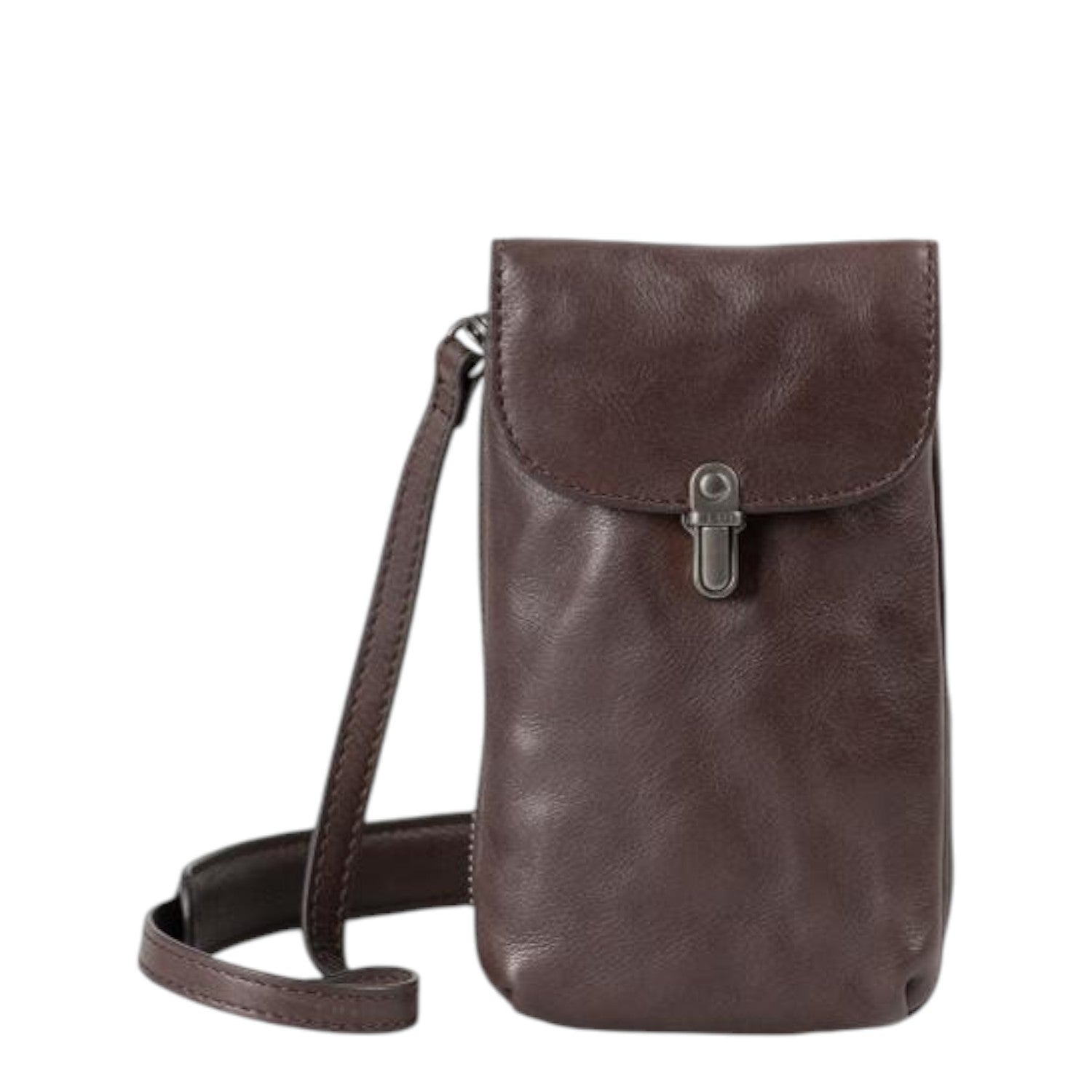Lieblingstasche Mrs. Lemon Twist dark brown leather crossbody phone bag with a secure metal clasp closure.
