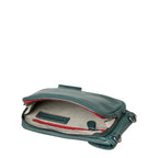 Lieblingstasche Mrs. Lemon Twist dark green leather crossbody bag with open zipper and striped interior lining