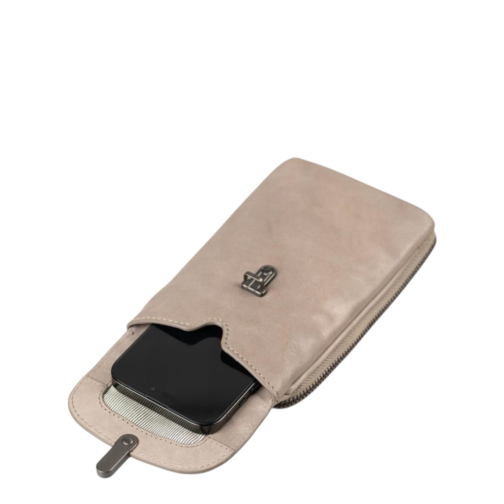Lieblingstasche Mrs. Lemon Twist taupe leather phone bag with a secure metal turn-lock closure and striped lining.