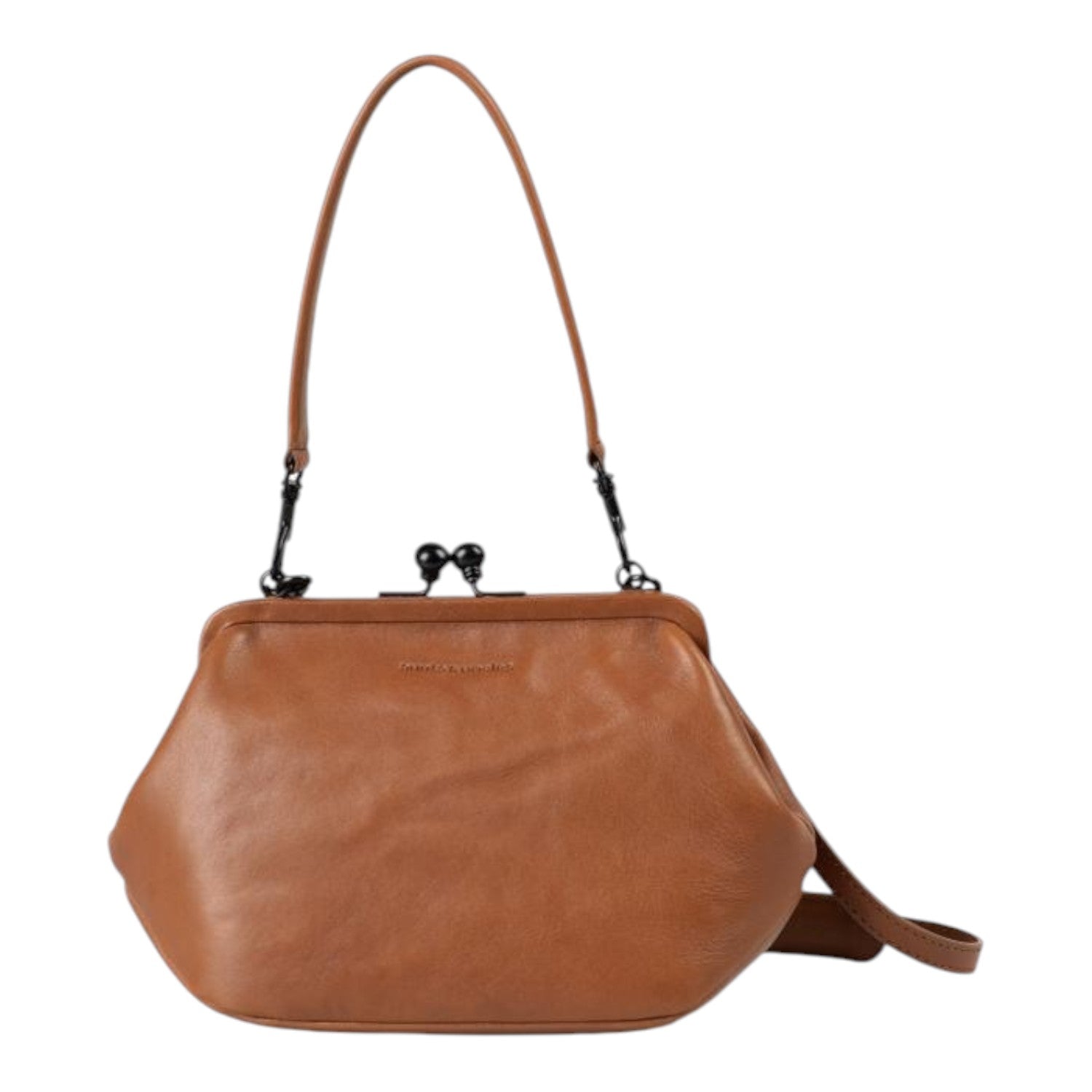 Lieblingstasche Mrs. Pizzelle brown leather handbag with a vintage-style kiss-lock clasp and shoulder strap.