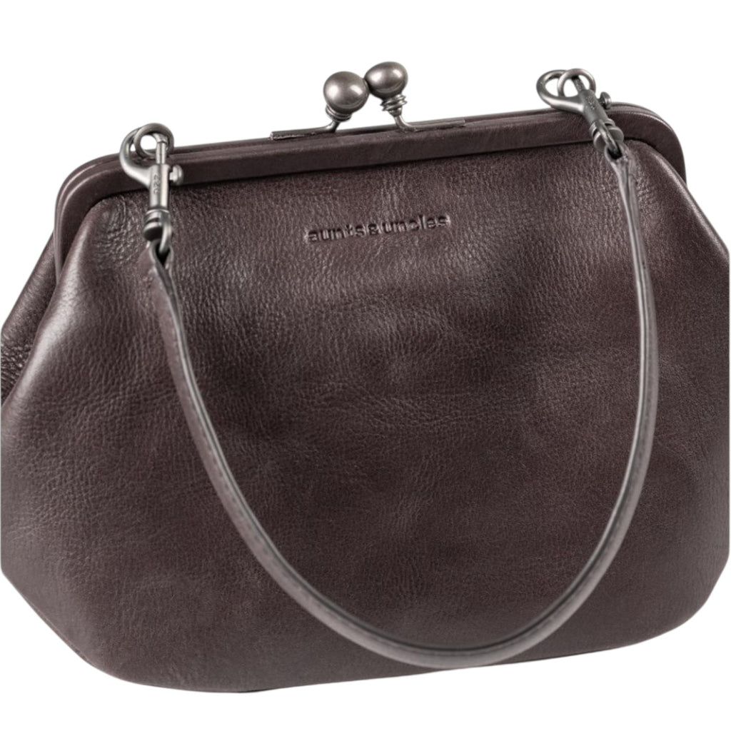 Lieblingstasche Mrs. Pizzelle dark brown leather handbag with a vintage-style metal kiss-lock clasp and handle.