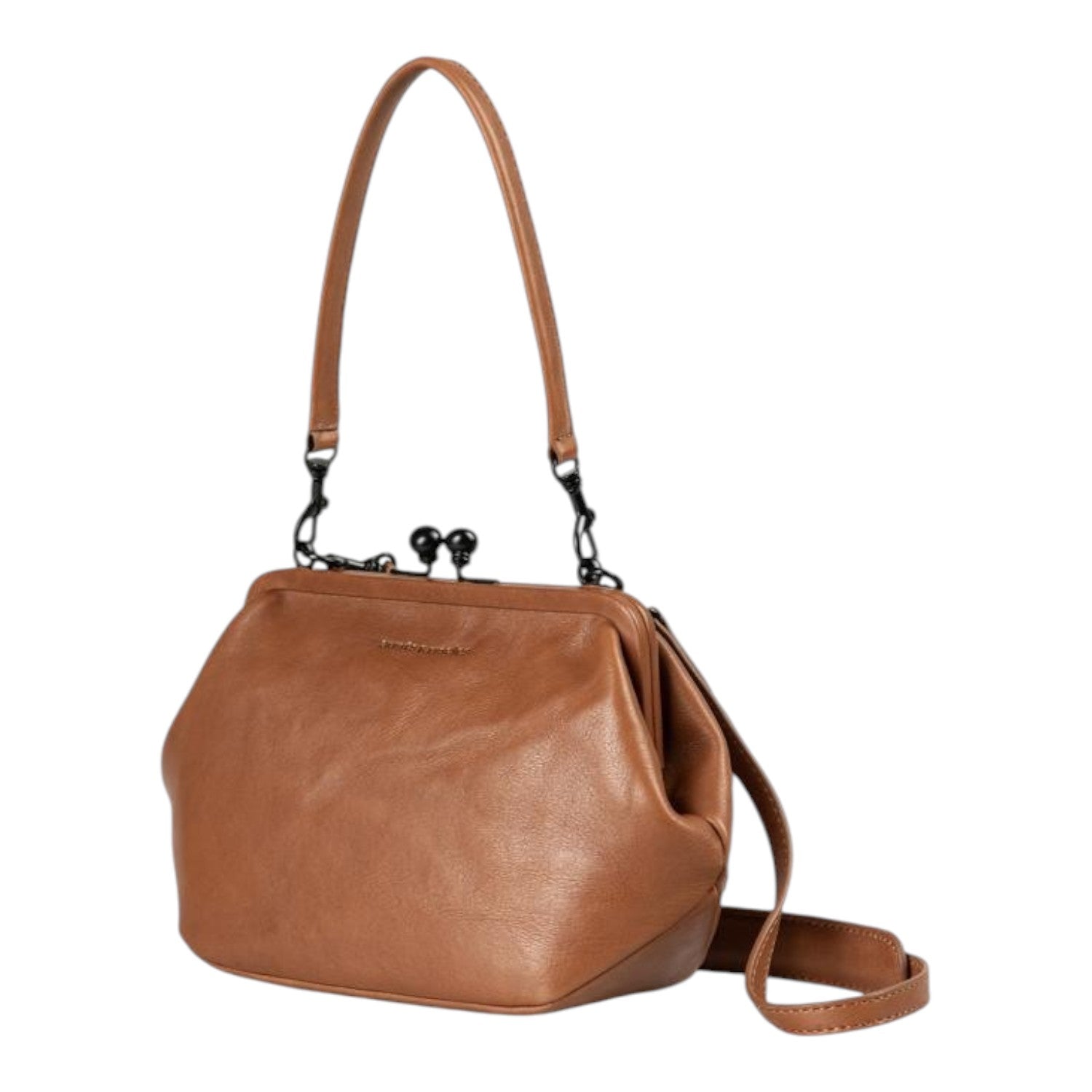 Lieblingstasche Mrs. Pizzelle brown leather handbag with a vintage-style kiss-lock clasp and shoulder strap.