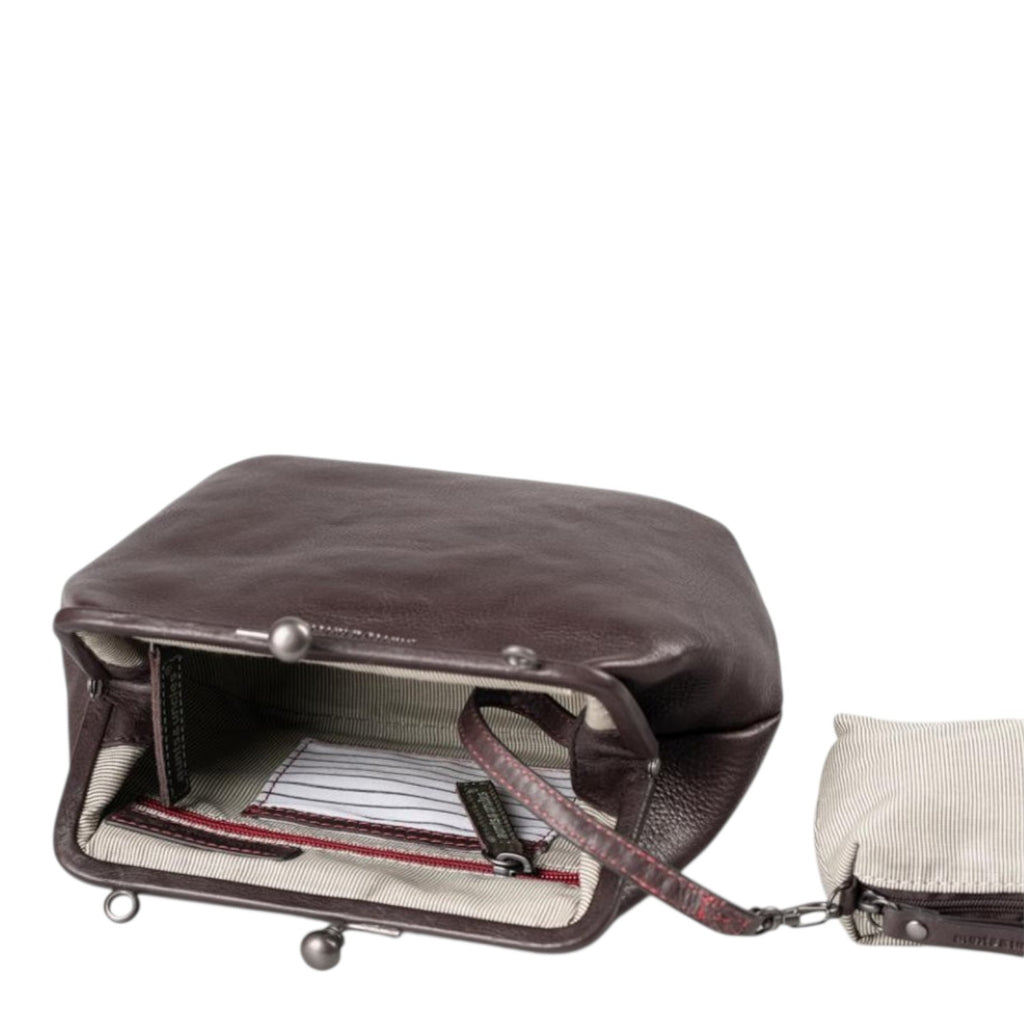 Lieblingstasche Mrs. Pizzelle dark brown leather handbag with a vintage-style kiss-lock clasp and striped interior.