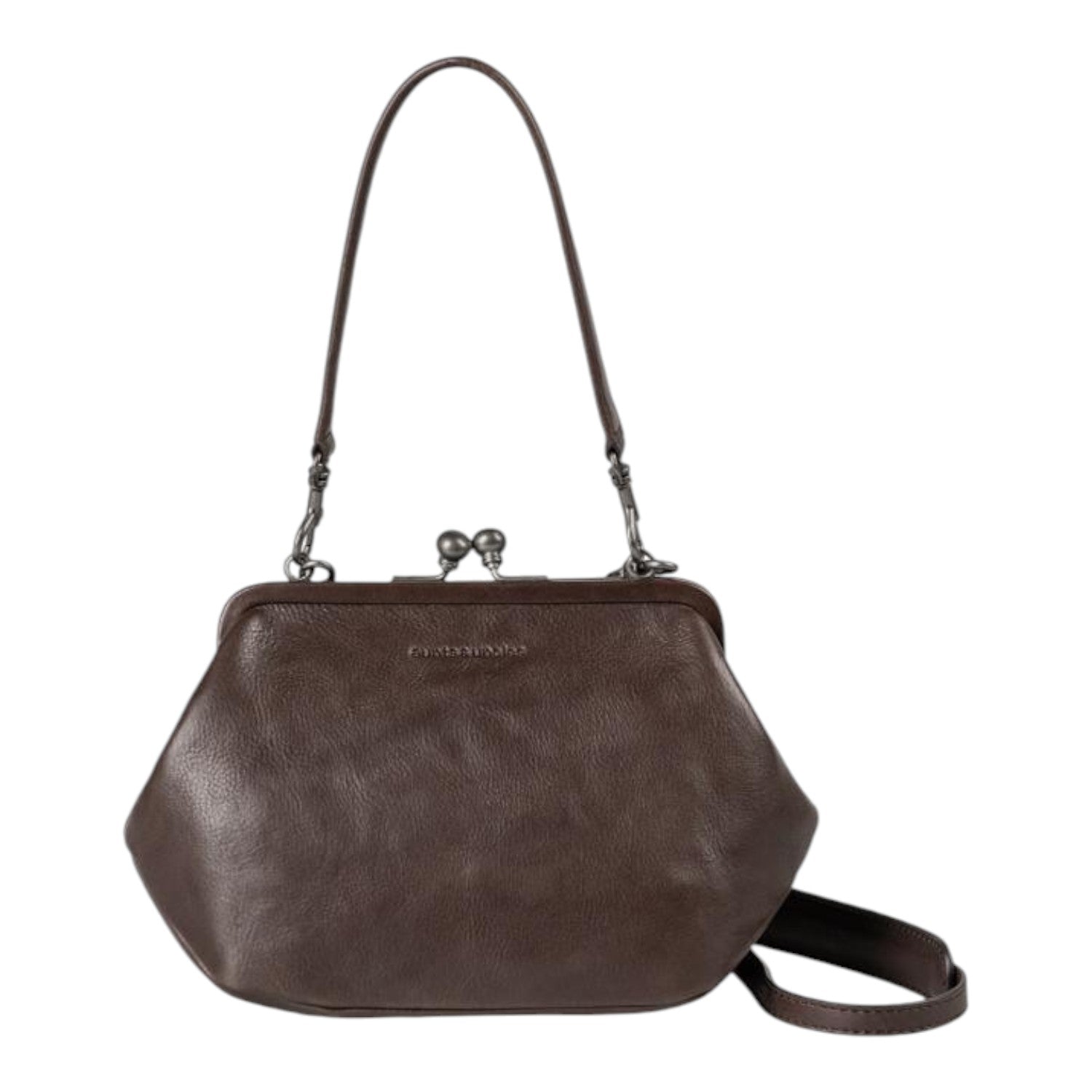 Lieblingstasche Mrs. Pizzelle dark brown leather handbag with a vintage-style kiss-lock clasp and shoulder strap.