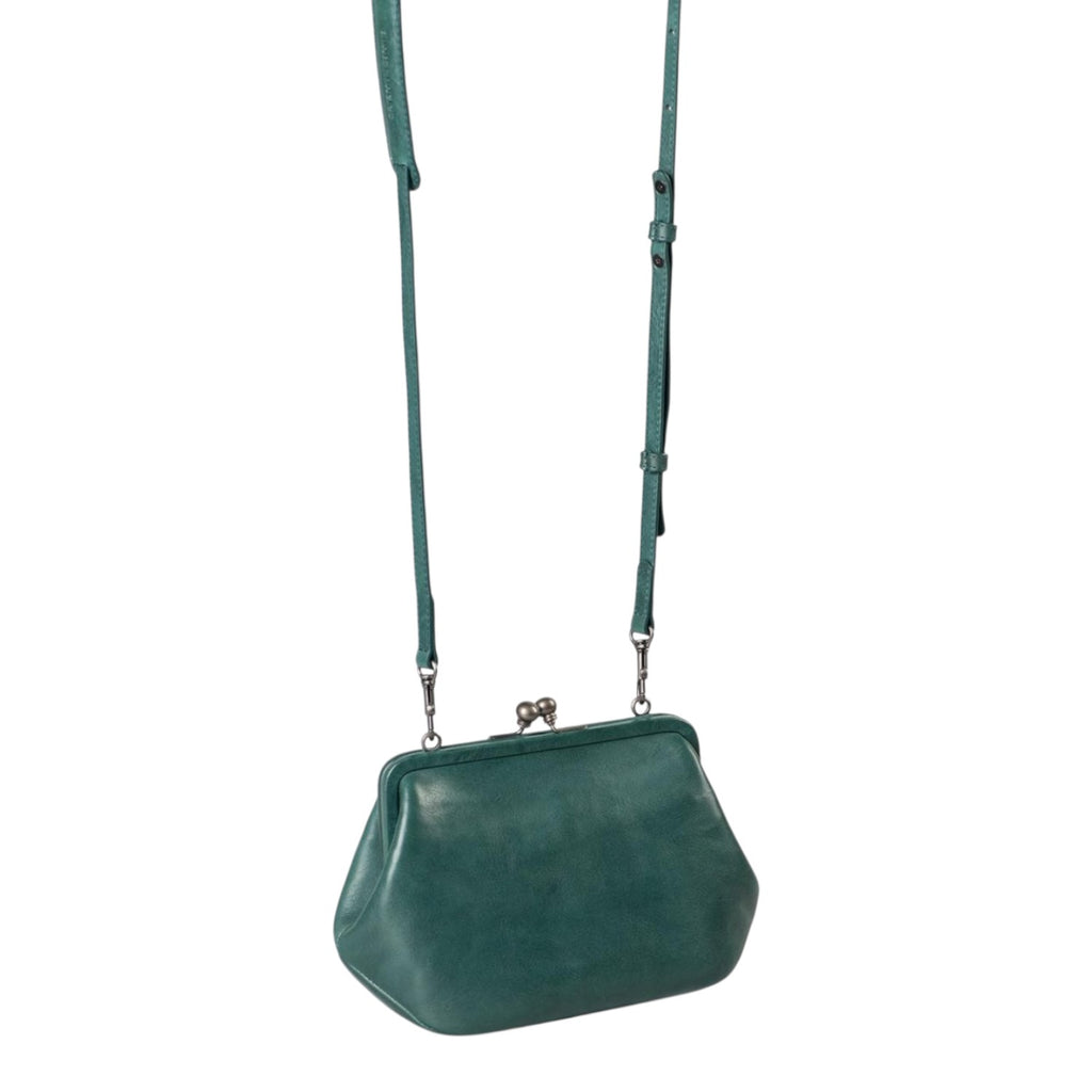 Lieblingstasche Mrs. Pizzelle dark green leather crossbody bag with vintage-style kiss-lock clasp