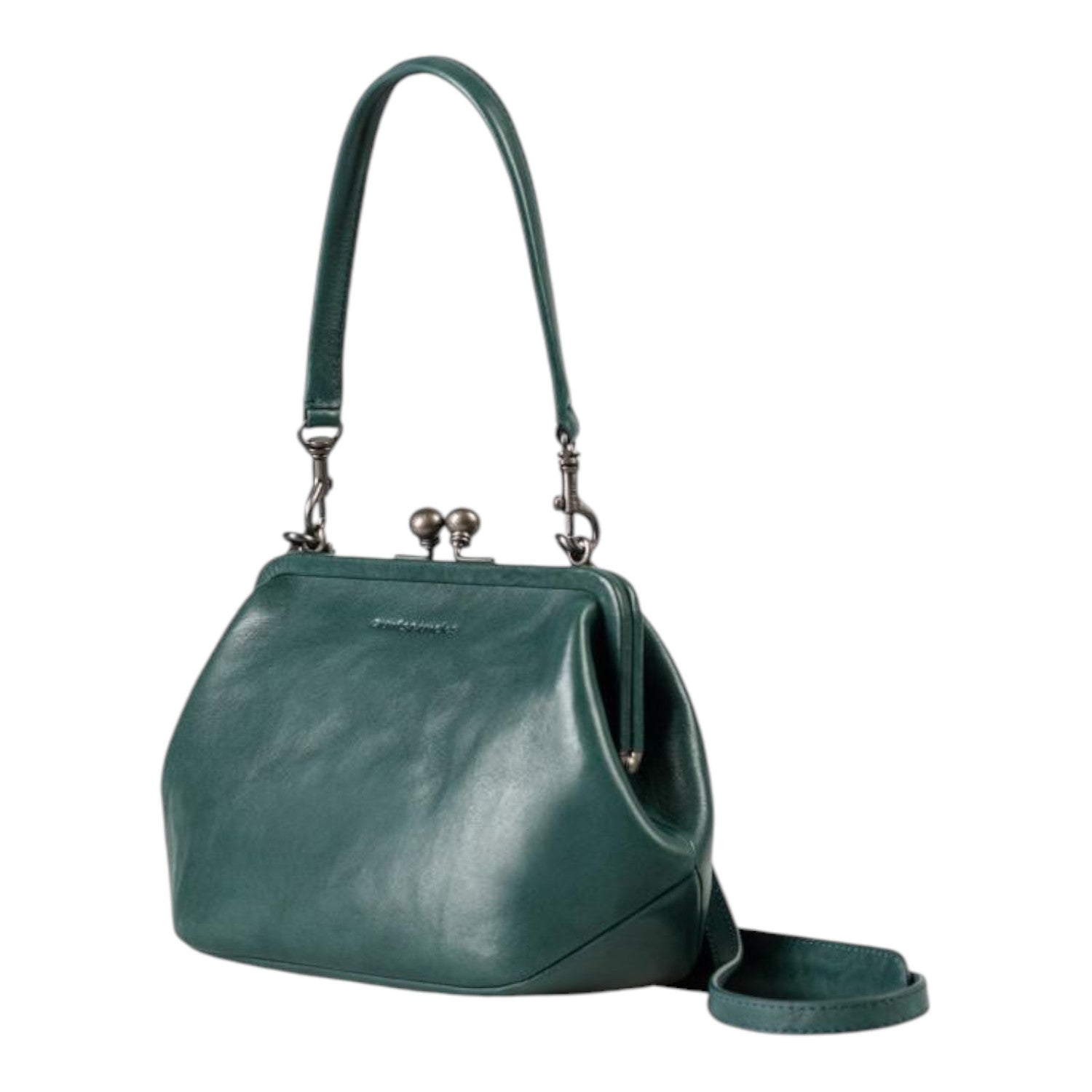 Lieblingstasche Mrs. Pizzelle dark green leather handbag with a vintage-style kiss-lock clasp and shoulder strap.