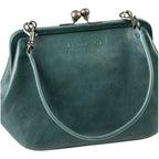 Lieblingstasche Mrs. Pizzelle handbag in dark green leather with a vintage-style metal kiss-lock clasp and handle.