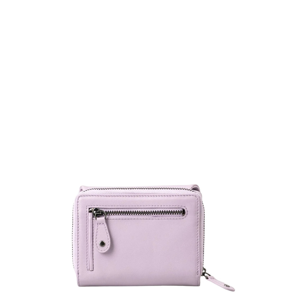 Lieblingstasche Myrtle light purple leather wallet with a front zippered pocket and silver hardware
