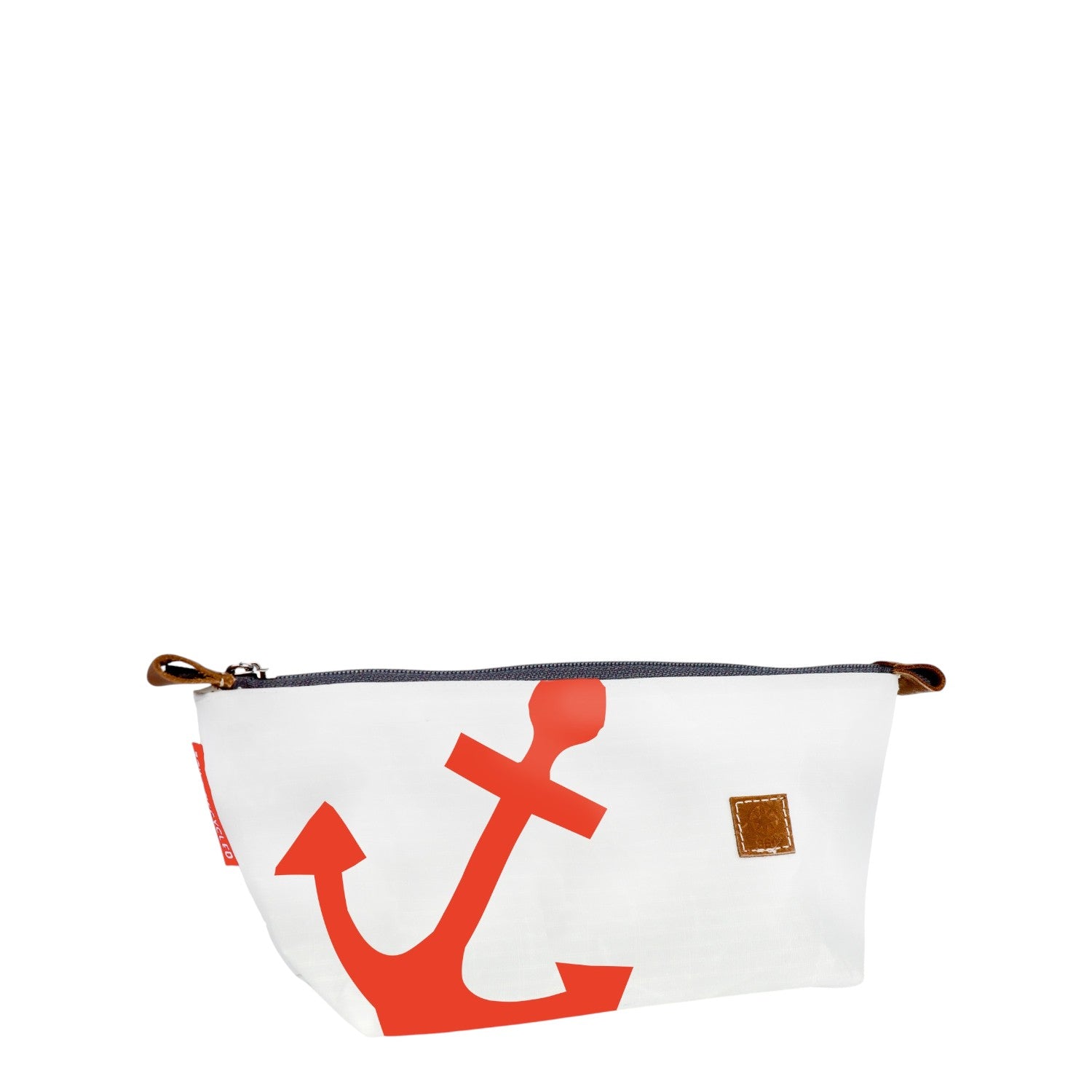 Lieblingstasche Navigator white pouch with a large red anchor print and brown leather accents