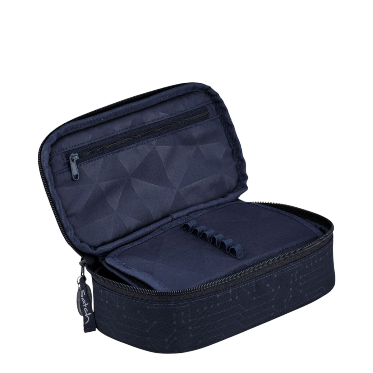 Lieblingstasche navy blue pencil case with geometric pattern, open to show interior storage and pen loops.
