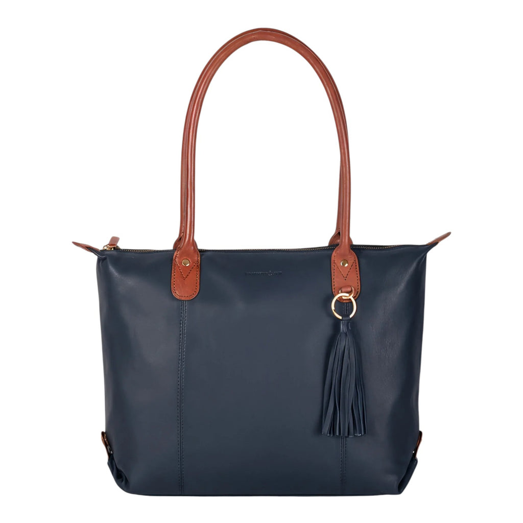 Lieblingstasche Lucia L navy blue leather tote bag with tan leather straps and tassel detail.