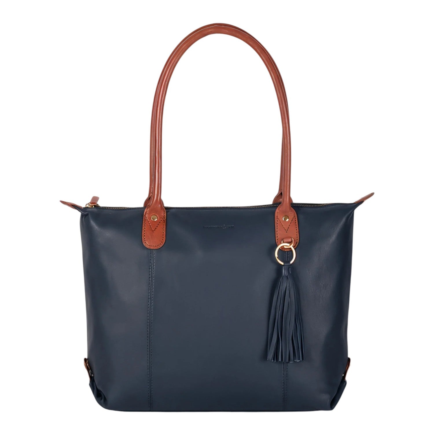 Lieblingstasche Lucia L navy blue leather tote bag with tan leather straps and tassel detail.