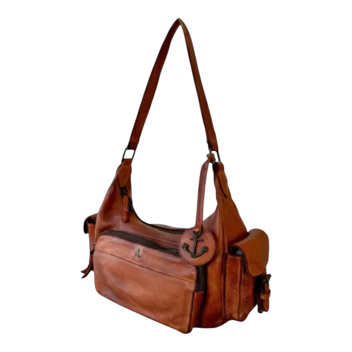 Lieblingstasche Nerina brown leather hobo bag with anchor charm and multiple exterior zip pockets