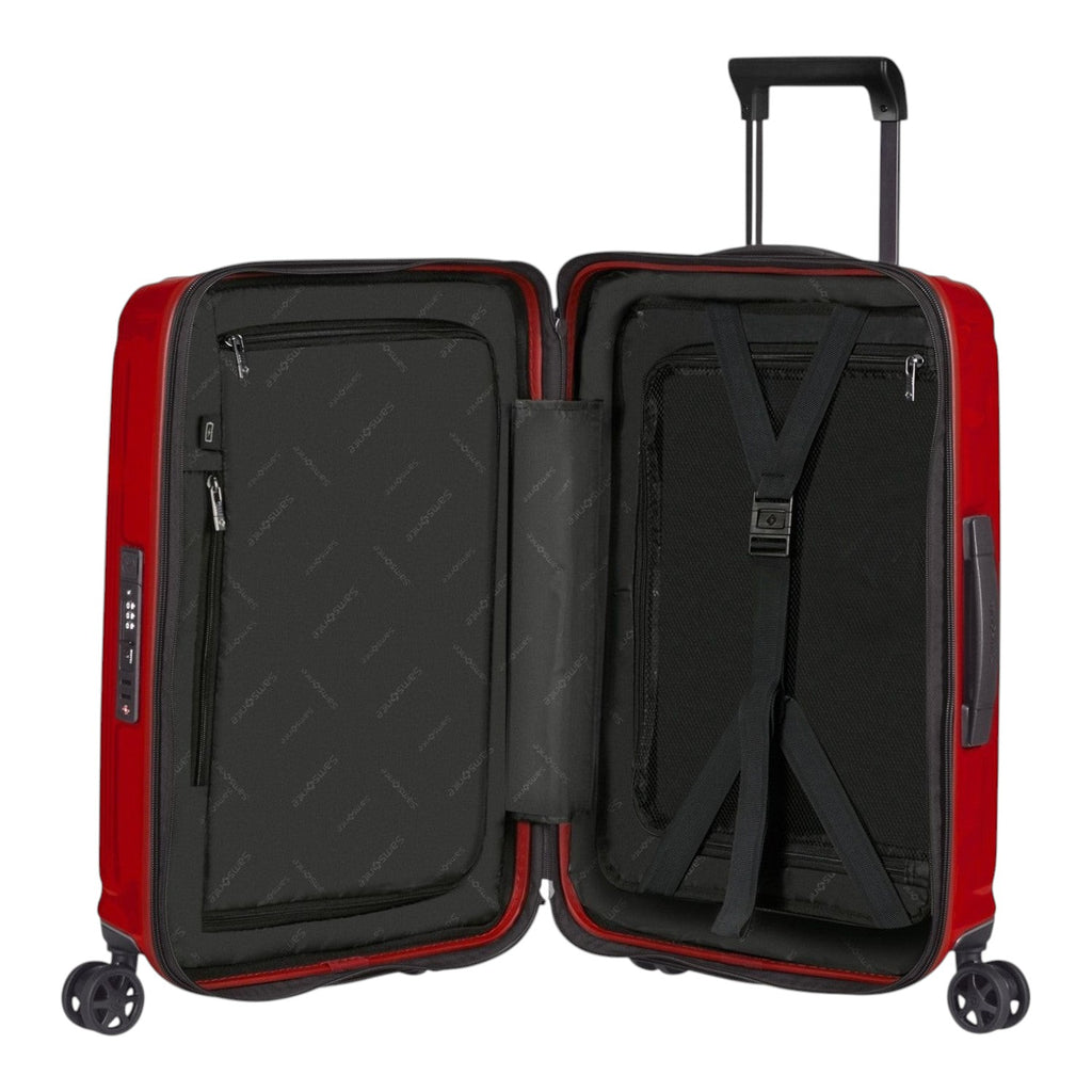 Lieblingstasche NUON Spinner 55/20 Exp carry-on suitcase in red with open interior, zippered dividers, and straps.