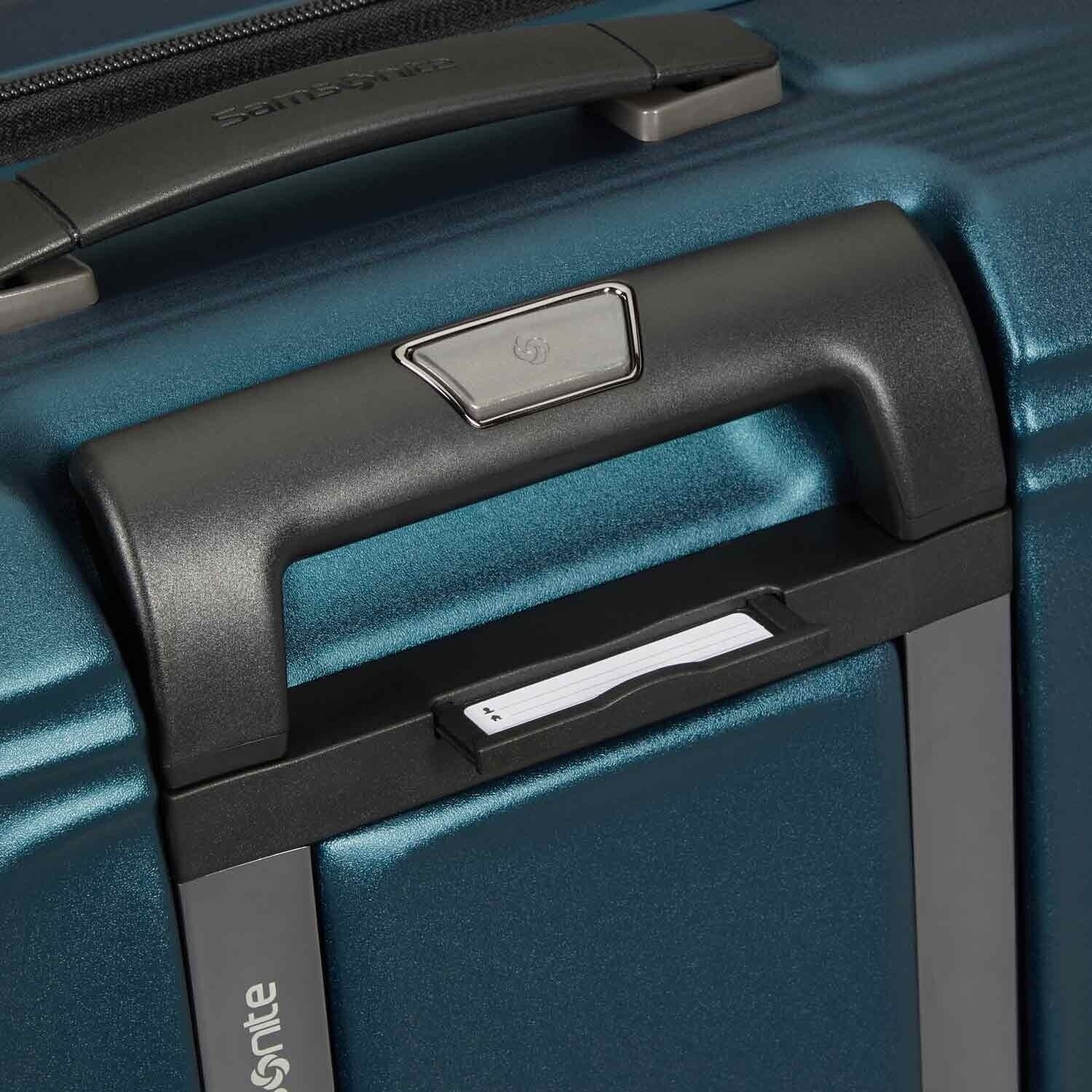 Lieblingstasche NUON Spinner 69/25 Exp suitcase handle and integrated luggage tag in metallic teal blue