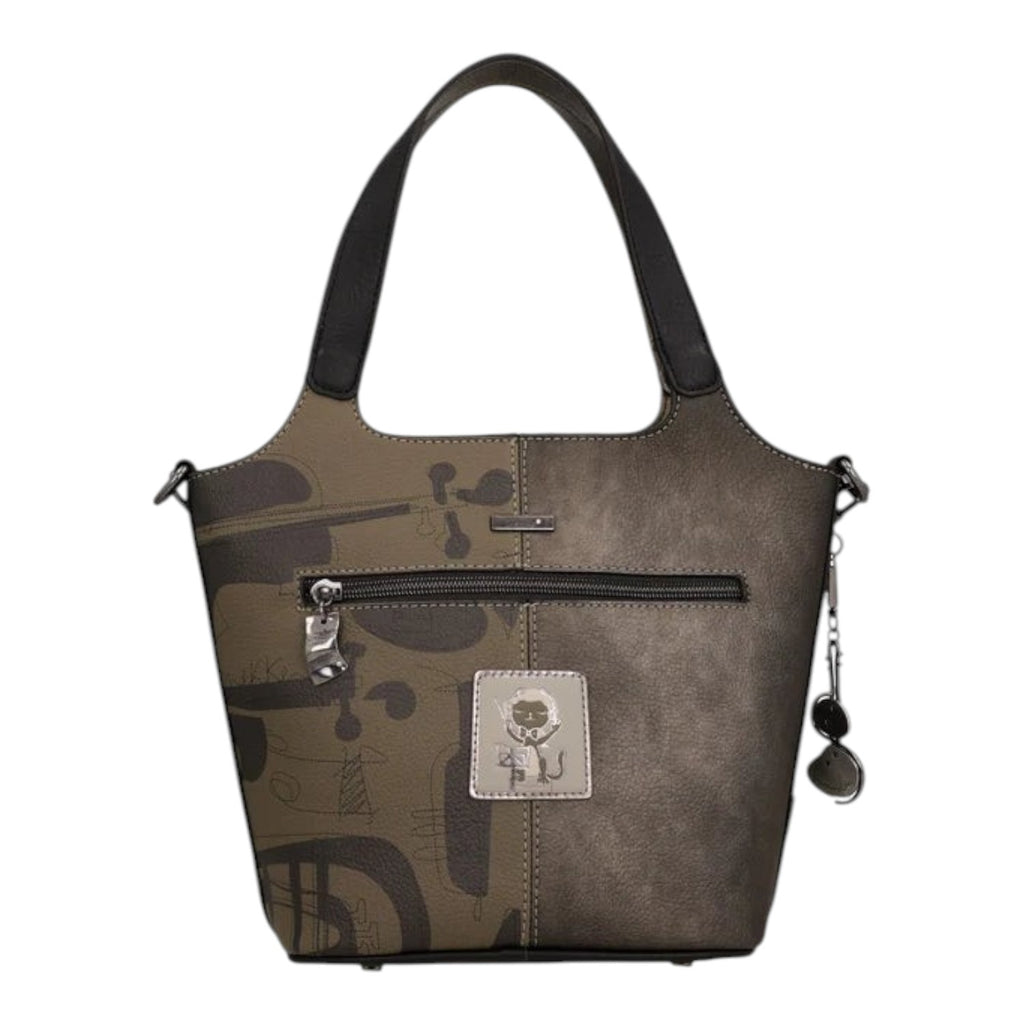 Lieblingstasche short handle bag in olive and bronze with abstract musical instrument print and metal charm