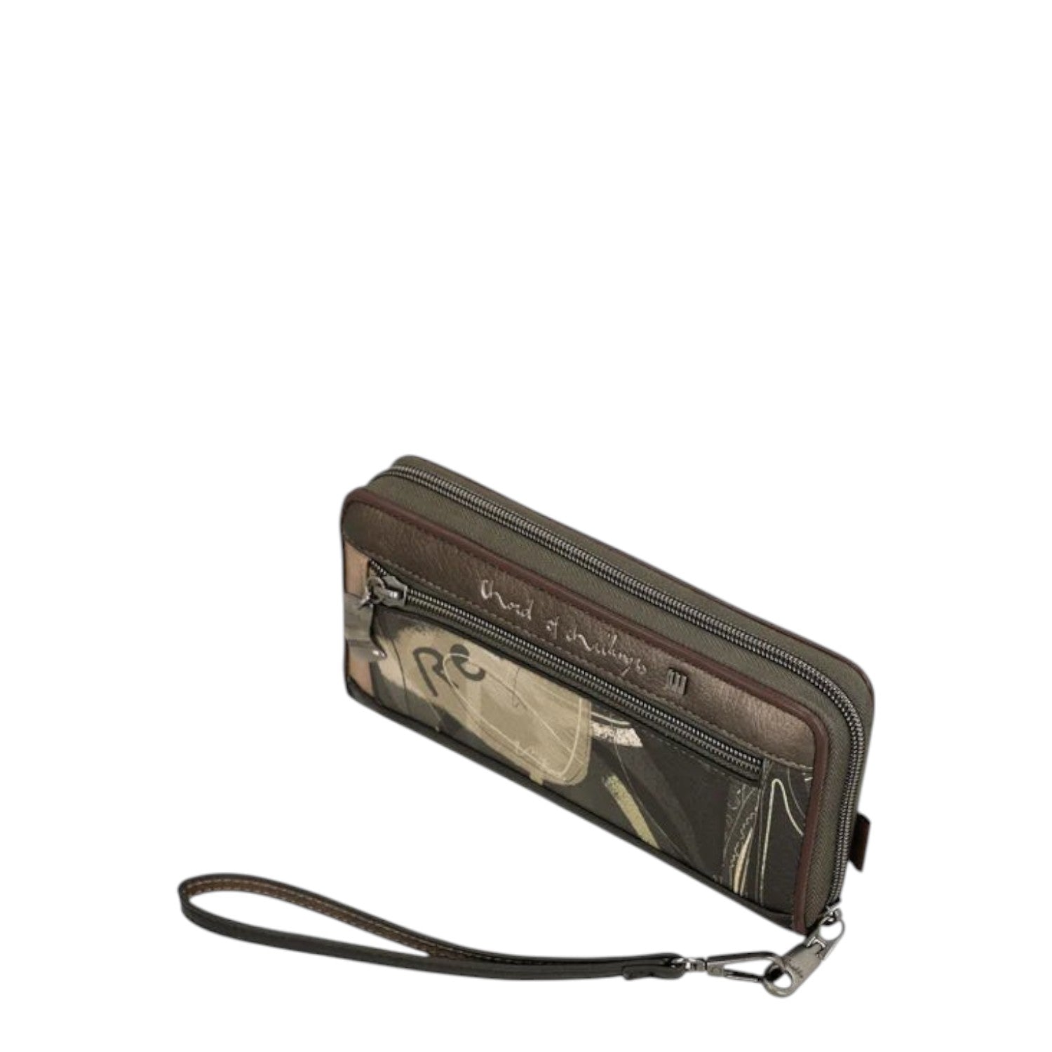 Lieblingstasche wallet in olive and brown with a unique abstract print, zip closure, and a detachable wrist strap.