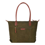 Lieblingstasche Sofia L olive green canvas tote bag with brown leather straps and gold hardware. Features a front zip pocket and top zip closure.