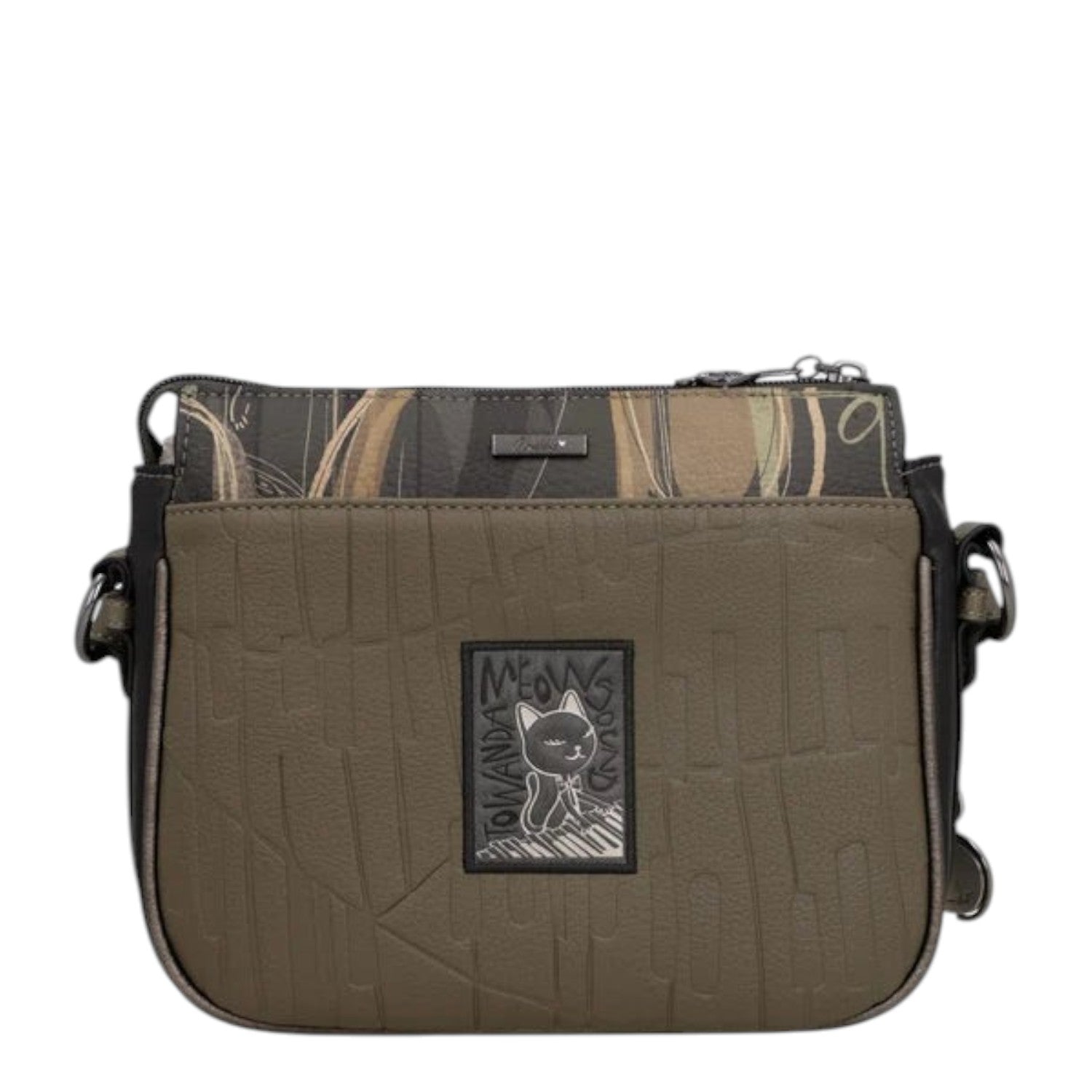 Lieblingstasche cross-body bag in olive green with a cat graphic patch and abstract patterned top panel