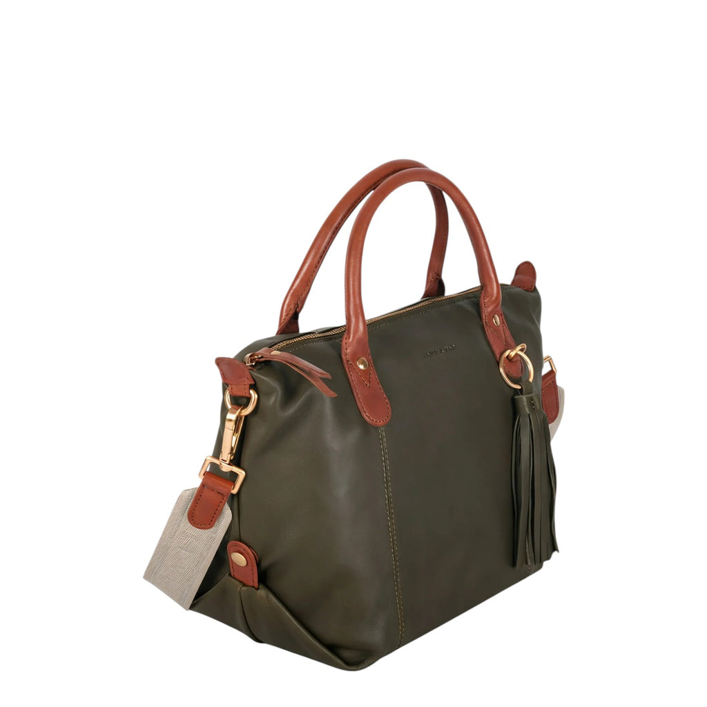 Lieblingstasche Lucia M olive green leather handbag with tan leather handles and tassel detail.