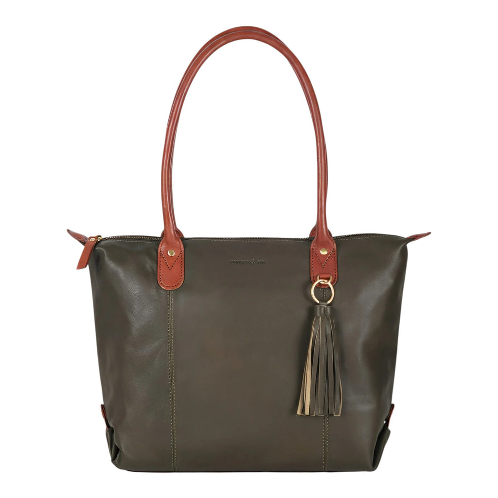 Lieblingstasche Lucia L olive green leather tote bag with tan straps and tassel detail.