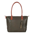 Lieblingstasche Lucia L olive green leather tote bag with tan straps and tassel detail.