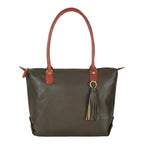 Lieblingstasche Lucia L olive green leather tote bag with tan straps and tassel detail.